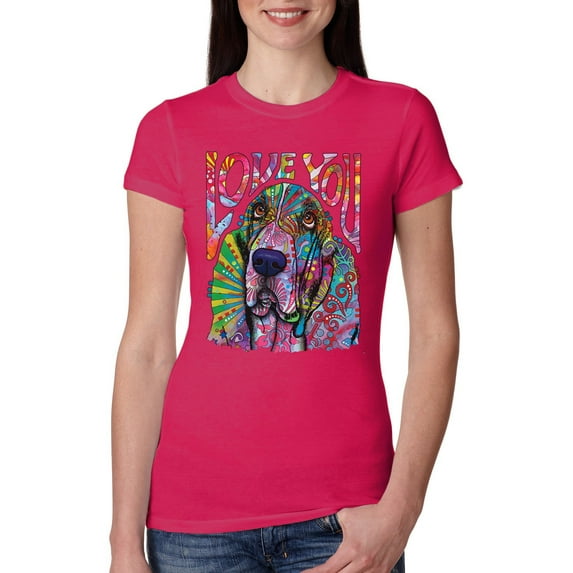 Colorful Beagle | Dogs Love You | Dean Russo Art Animal Lover Womens Slim Fit Junior Tee, Raspberry, X-Large
