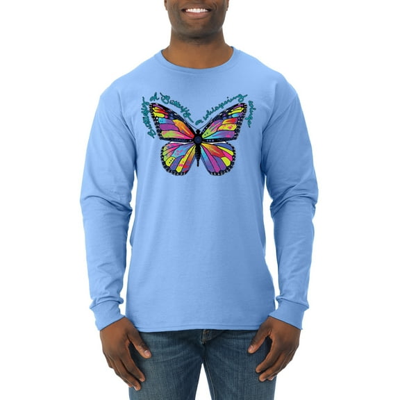 Wild Bobby, Colorful Butterfly Oh Butterfly On Whispering Wings Animal Lover Mens Long Sleeve Shirt, Light Blue, X-Large