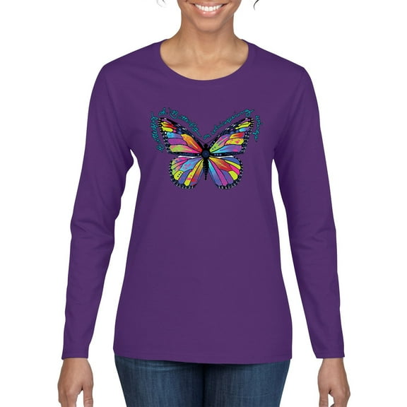 Wild Bobby, Colorful Butterfly Oh Butterfly On Whispering Wings Animal Lover Womens Graphic Long Sleeve T-Shirt, Purple, 2XL
