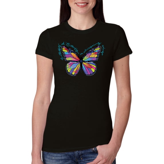 Wild Bobby, Colorful Butterfly Oh Butterfly On Whispering Wings Animal Lover Womens Slim Fit Junior Tee, Black, Medium