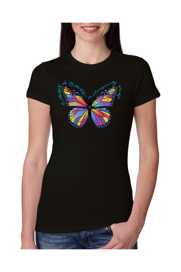 , Colorful Butterfly Oh Butterfly On Whispering Wings Animal Lover Womens Slim Fit Junior Tee, Black, Small