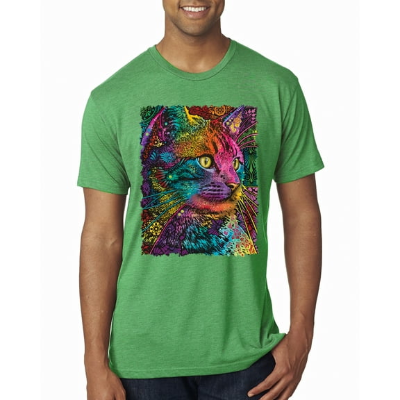 Wild Bobby, Colorful Cat Portrait | Cat Lover Owner | Dean Russo Art Animal Lover Mens Premium Tri Blend T-Shirt, Envy, 2XL