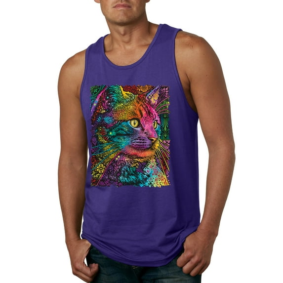 Wild Bobby, Colorful Cat Portrait | Cat Lover Owner | Dean Russo Art Animal Lover Mens Sleeveless Top, Purple, S