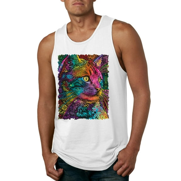 Wild Bobby, Colorful Cat Portrait | Cat Lover Owner | Dean Russo Art Animal Lover Mens Sleeveless Top, White, L
