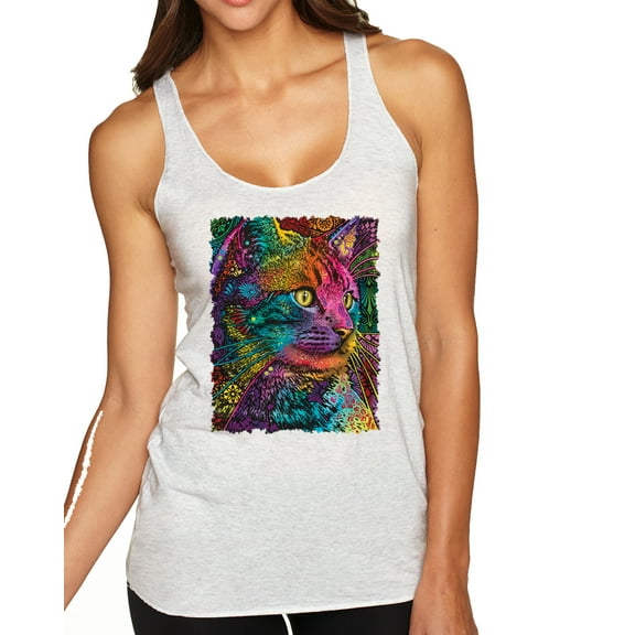 Wild Bobby, Colorful Cat Portrait | Cat Lover Owner | Dean Russo Art Animal Lover Tri-Blend Racerback Sleeveless Top, Heather White, M