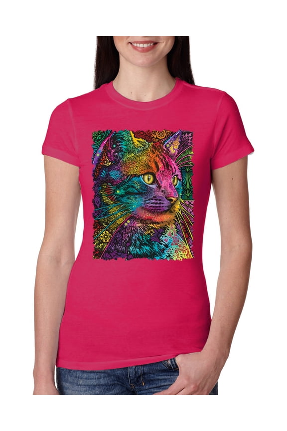 , Colorful Cat Portrait | Cat Lover Owner | Dean Russo Art Animal Lover Womens Slim Fit Junior Tee, Raspberry, M