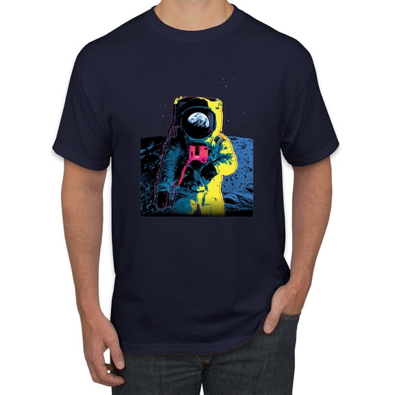 Wild Bobby, Colorful Cosmic Neon Astronaut Lunar Spaceman Moon Galaxy, Fashion, Men Graphic Tee, Navy, Medium
