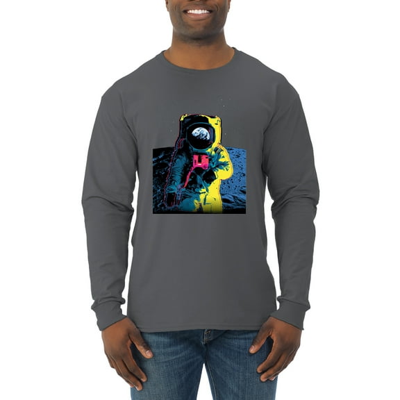 Wild Bobby, Colorful Cosmic Neon Astronaut Lunar Spaceman Moon Galaxy, Fashion, Men Long Sleeve Shirt, Charcoal, Small