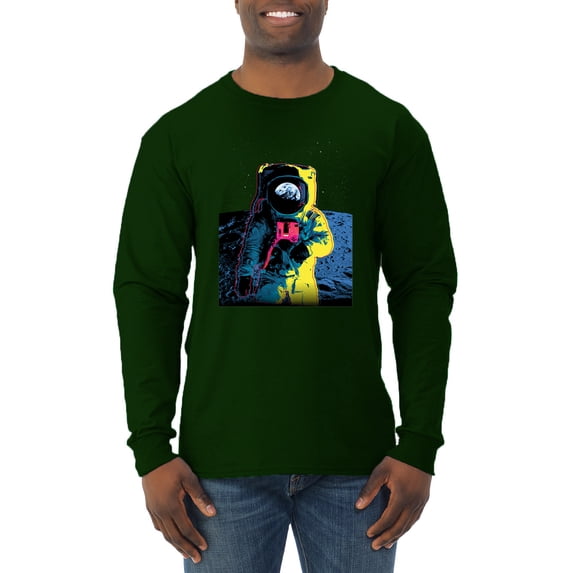 Wild Bobby, Colorful Cosmic Neon Astronaut Lunar Spaceman Moon Galaxy, Fashion, Men Long Sleeve Shirt, Forest Green, Small