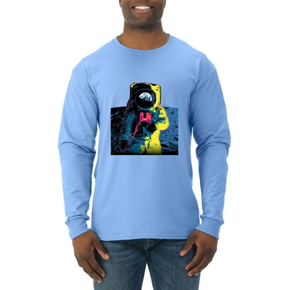 Wild Bobby, Colorful Cosmic Neon Astronaut Lunar Spaceman Moon Galaxy, Fashion, Men Long Sleeve Shirt, Light Blue, X-Large