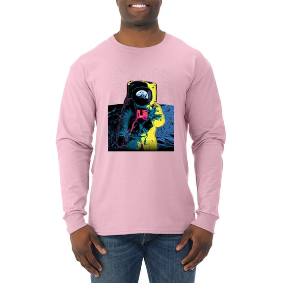 Wild Bobby, Colorful Cosmic Neon Astronaut Lunar Spaceman Moon Galaxy, Fashion, Men Long Sleeve Shirt, Light Pink, 3X-Large