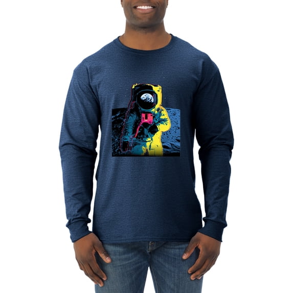 Wild Bobby, Colorful Cosmic Neon Astronaut Lunar Spaceman Moon Galaxy, Fashion, Men Long Sleeve Shirt, Vintage Heather Navy, Small