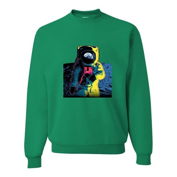 Wild Bobby, Colorful Cosmic Neon Astronaut Lunar Spaceman Moon Galaxy, Fashion, Unisex Crewneck Graphic Sweatshirt, Kelly, Small