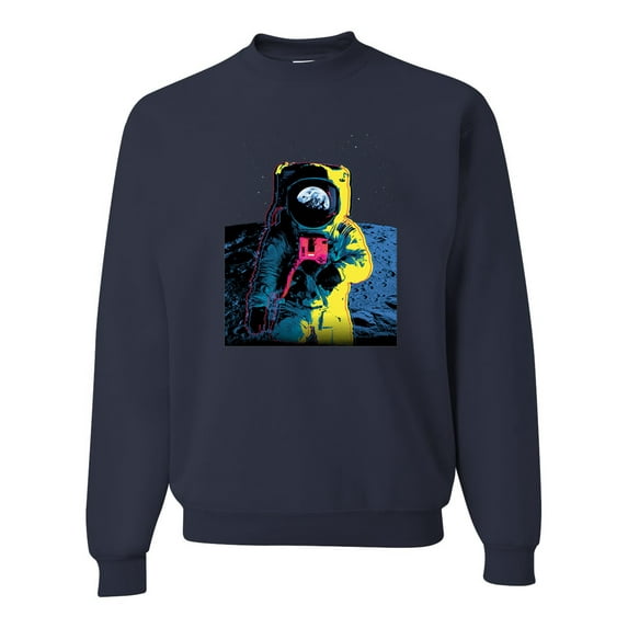 Wild Bobby, Colorful Cosmic Neon Astronaut Lunar Spaceman Moon Galaxy, Fashion, Unisex Crewneck Graphic Sweatshirt, Navy, 3X-Large