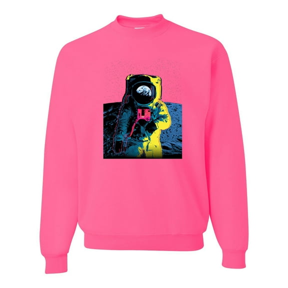 Wild Bobby, Colorful Cosmic Neon Astronaut Lunar Spaceman Moon Galaxy, Fashion, Unisex Crewneck Graphic Sweatshirt, Neon Pink, 3X-Large