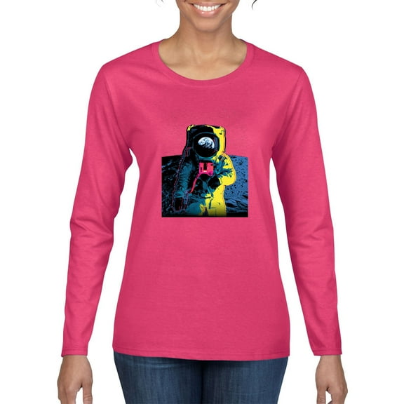 Wild Bobby, Colorful Cosmic Neon Astronaut Lunar Spaceman Moon Galaxy, Fashion, Women Graphic Long Sleeve Tee, Fuschia, Large