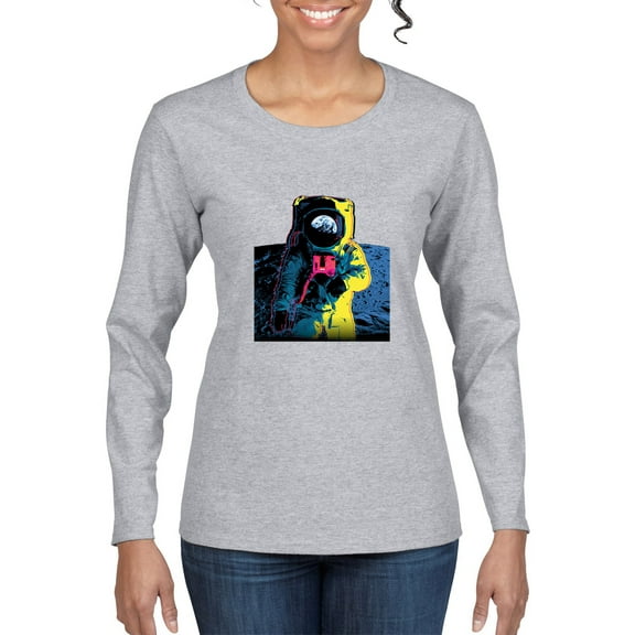 Wild Bobby, Colorful Cosmic Neon Astronaut Lunar Spaceman Moon Galaxy, Fashion, Women Graphic Long Sleeve Tee, Heather Grey, X-Large