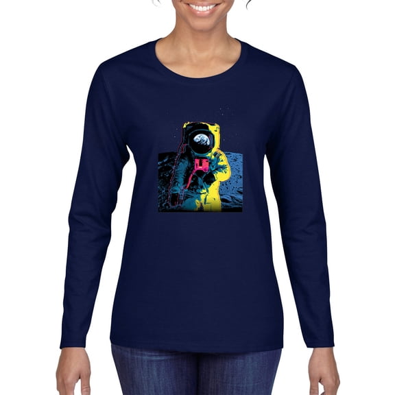 Wild Bobby, Colorful Cosmic Neon Astronaut Lunar Spaceman Moon Galaxy, Fashion, Women Graphic Long Sleeve Tee, Navy, Small