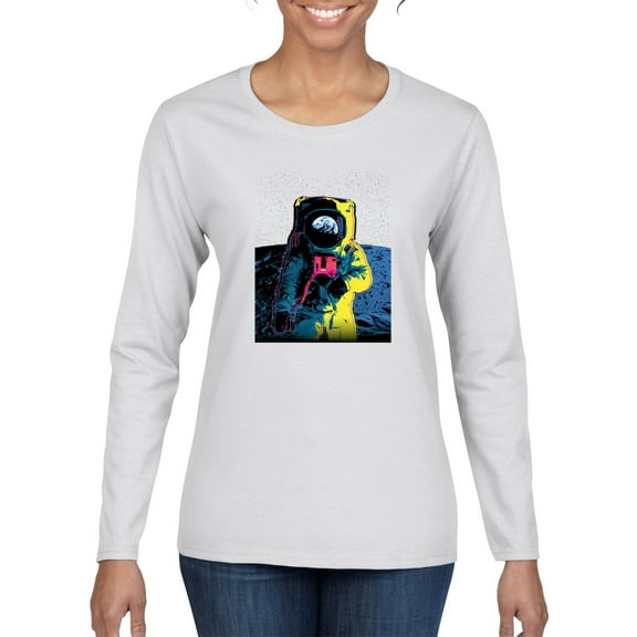 Wild Bobby, Colorful Cosmic Neon Astronaut Lunar Spaceman Moon Galaxy, Fashion, Women Graphic Long Sleeve Tee, White, Small