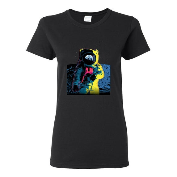 Wild Bobby, Colorful Cosmic Neon Astronaut Lunar Spaceman Moon Galaxy, Fashion, Women Graphic Tee, Black, X-Large