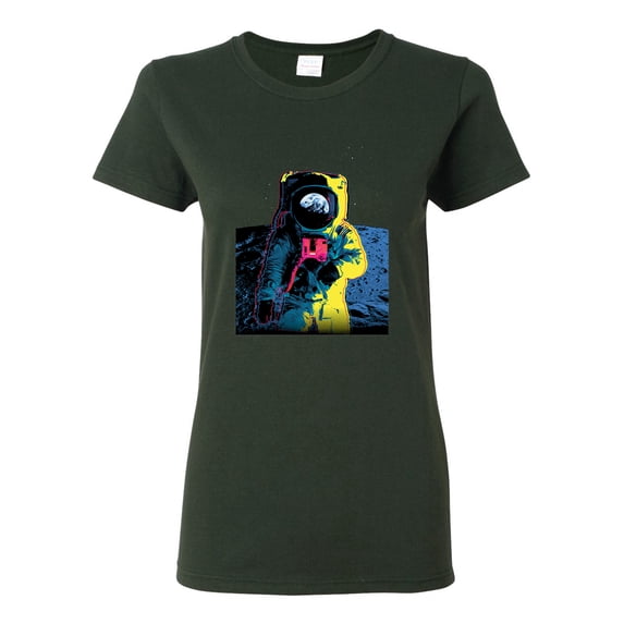 Wild Bobby, Colorful Cosmic Neon Astronaut Lunar Spaceman Moon Galaxy, Fashion, Women Graphic Tee, Forest Green, 3X-Large