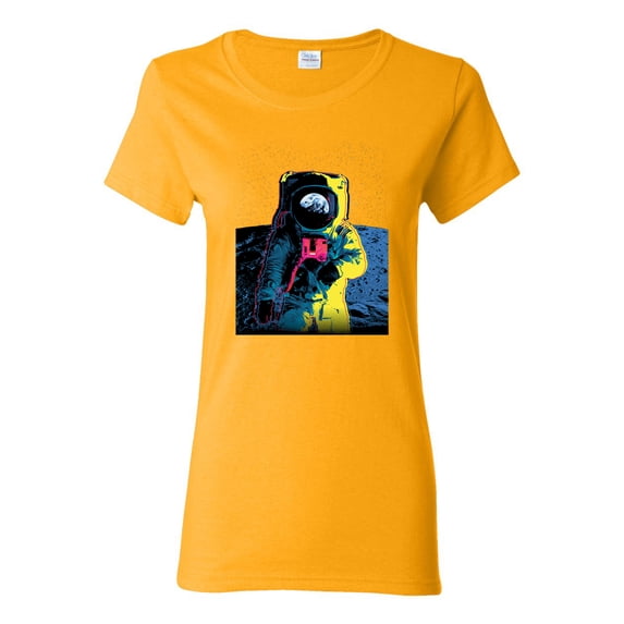 Wild Bobby, Colorful Cosmic Neon Astronaut Lunar Spaceman Moon Galaxy, Fashion, Women Graphic Tee, Gold, Large