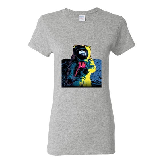 Wild Bobby, Colorful Cosmic Neon Astronaut Lunar Spaceman Moon Galaxy, Fashion, Women Graphic Tee, Heather Grey, 3X-Large