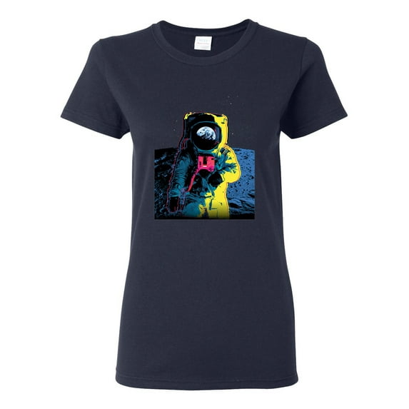 Wild Bobby, Colorful Cosmic Neon Astronaut Lunar Spaceman Moon Galaxy, Fashion, Women Graphic Tee, Navy, 3X-Large