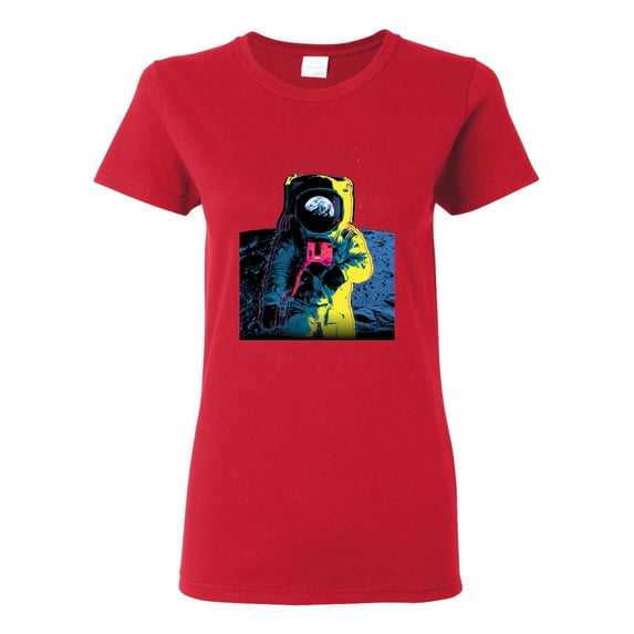 Wild Bobby, Colorful Cosmic Neon Astronaut Lunar Spaceman Moon Galaxy, Fashion, Women Graphic Tee, Red, Large