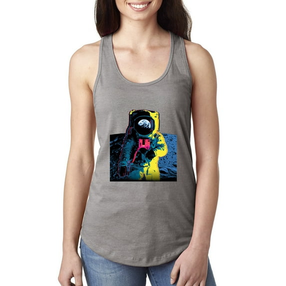 Wild Bobby, Colorful Cosmic Neon Astronaut Lunar Spaceman Moon Galaxy, Fashion, Women Racerback Tank Top, Heather Grey, Small