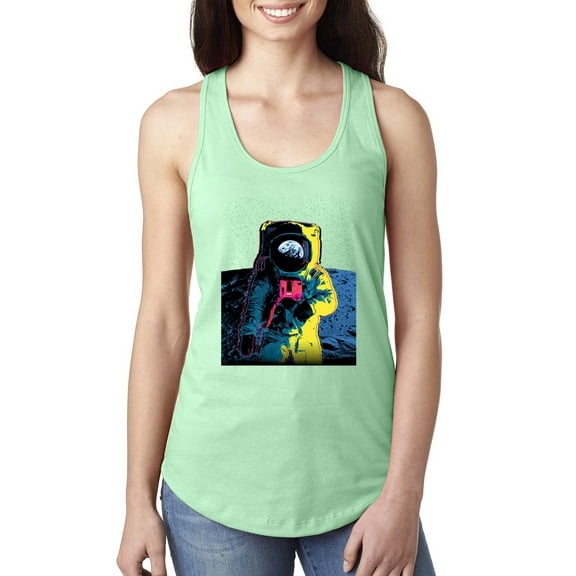 Wild Bobby, Colorful Cosmic Neon Astronaut Lunar Spaceman Moon Galaxy, Fashion, Women Racerback Tank Top, Mint, Large