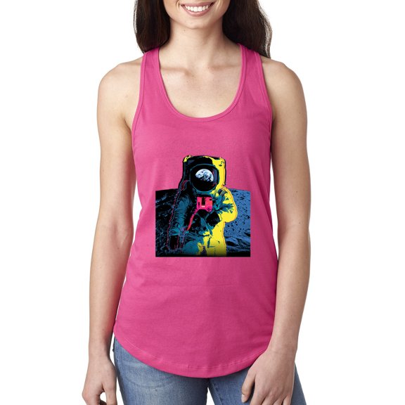 Wild Bobby, Colorful Cosmic Neon Astronaut Lunar Spaceman Moon Galaxy, Fashion, Women Racerback Tank Top, Raspberry, Medium