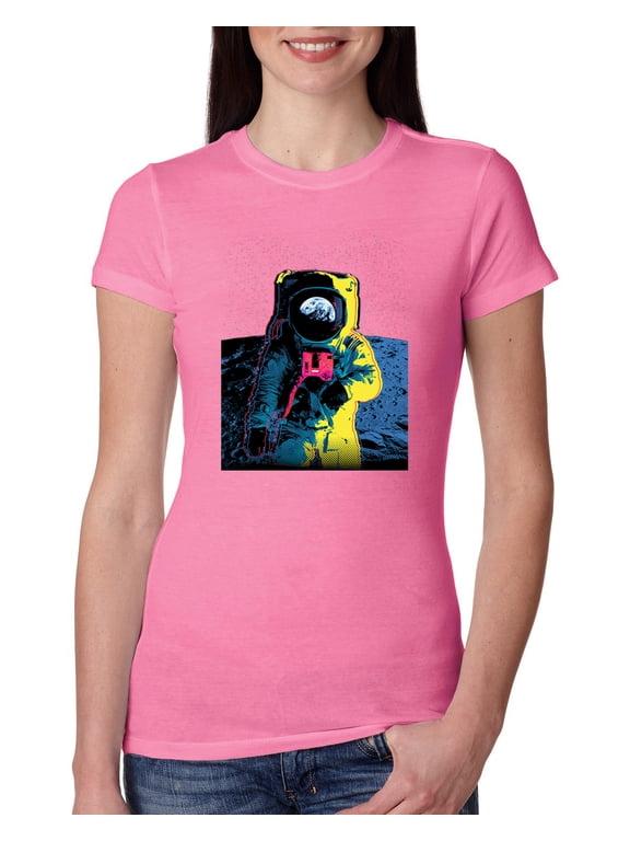 , Colorful Cosmic Neon Astronaut Lunar Spaceman Moon Galaxy, Fashion, Women Slim Fit Junior Tee, Hot Pink, Medium