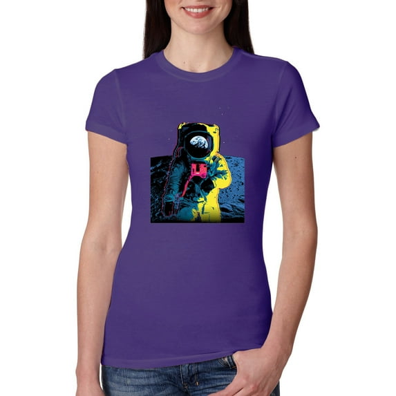 Wild Bobby, Colorful Cosmic Neon Astronaut Lunar Spaceman Moon Galaxy, Fashion, Women Slim Fit Junior Tee, Purple Rush, Medium