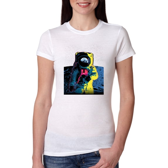 Wild Bobby, Colorful Cosmic Neon Astronaut Lunar Spaceman Moon Galaxy, Fashion, Women Slim Fit Junior Tee, White, Large