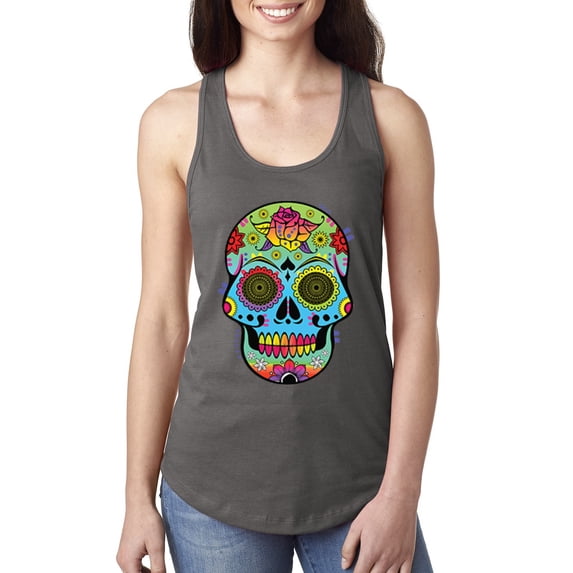 Wild Bobby, Colorful Floral Sugar Skull Streetwear Ladies Racerback Tank Top, Dark Grey, Large