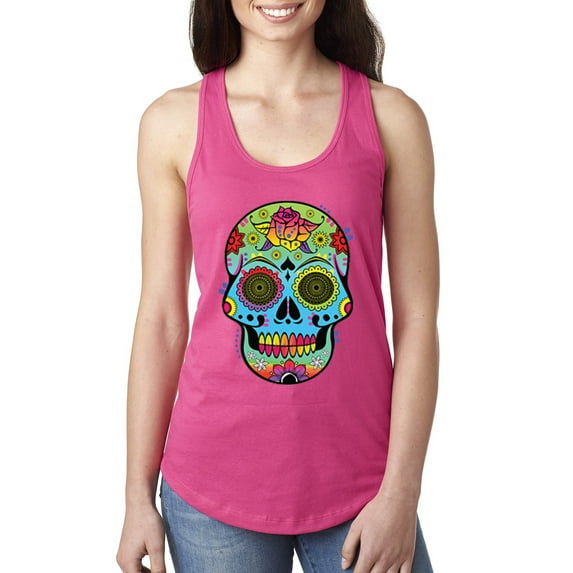 Wild Bobby, Colorful Floral Sugar Skull Streetwear Ladies Racerback Tank Top, Raspberry, Large