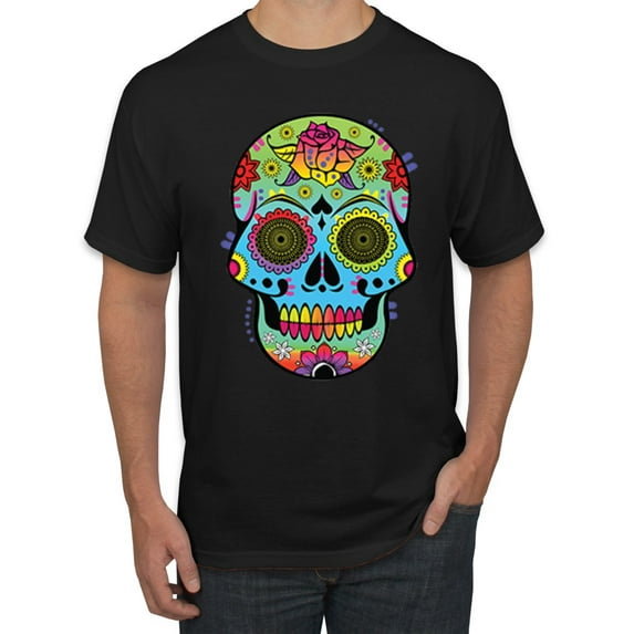 Wild Bobby, Colorful Floral Sugar Skull Streetwear Men's Graphic T-Shirt, Black, Small