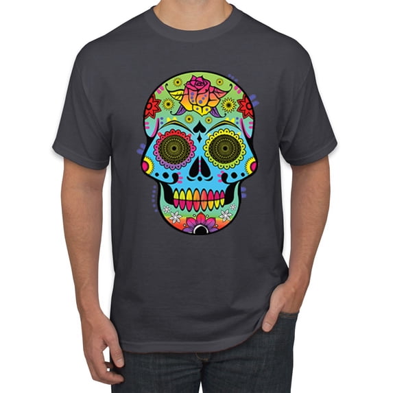 Wild Bobby, Colorful Floral Sugar Skull Streetwear Men's Graphic T-Shirt, Charcoal, Small