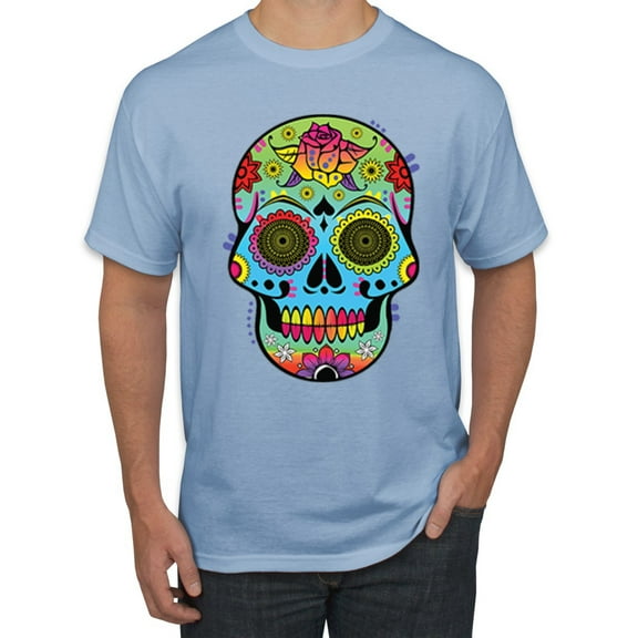 Wild Bobby, Colorful Floral Sugar Skull Streetwear Men's Graphic T-Shirt, Light Blue, 2XL