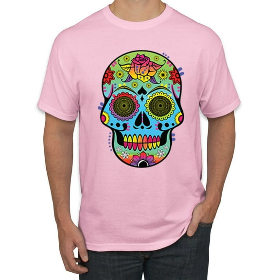 Wild Bobby, Colorful Floral Sugar Skull Streetwear Men's Graphic T-Shirt, Light Pink, Large