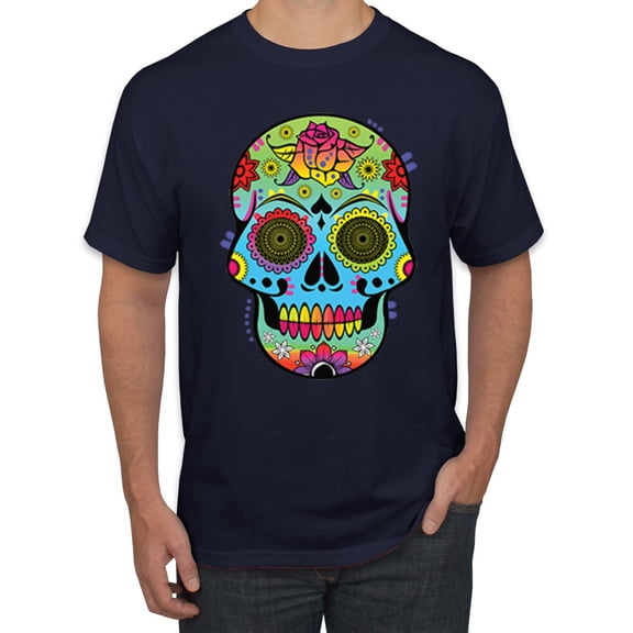 Wild Bobby, Colorful Floral Sugar Skull Streetwear Men's Graphic T-Shirt, Navy, X-Large