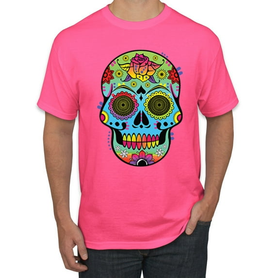 Wild Bobby, Colorful Floral Sugar Skull Streetwear Men's Graphic T-Shirt, Neon Pink, Medium