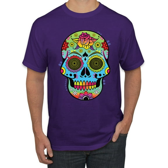 Wild Bobby, Colorful Floral Sugar Skull Streetwear Men's Graphic T-Shirt, Purple, Large