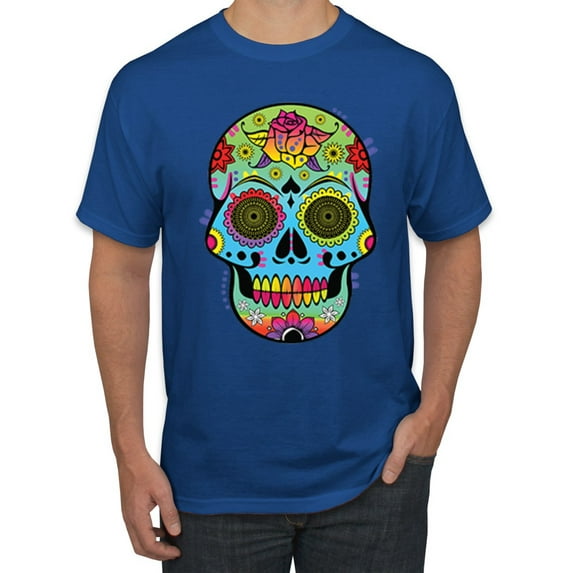 Wild Bobby, Colorful Floral Sugar Skull Streetwear Men's Graphic T-Shirt, Royal, 2XL