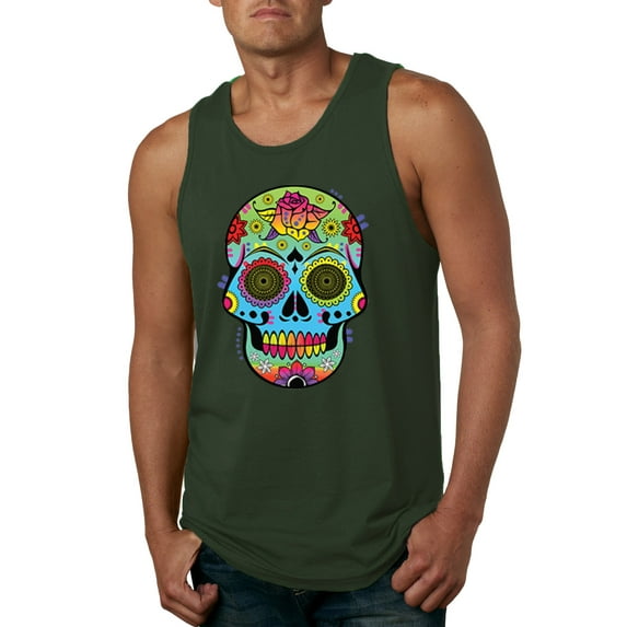 Wild Bobby, Colorful Floral Sugar Skull Streetwear Mens Graphic Tank Top, Forest Green, Large