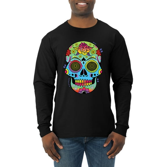 Wild Bobby, Colorful Floral Sugar Skull Streetwear Mens Long Sleeve Shirt, Black, Small