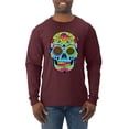 thumbnail image 1 of Wild Bobby, Colorful Floral Sugar Skull Streetwear Mens Long Sleeve Shirt, Maroon, 2XL, 1 of 3