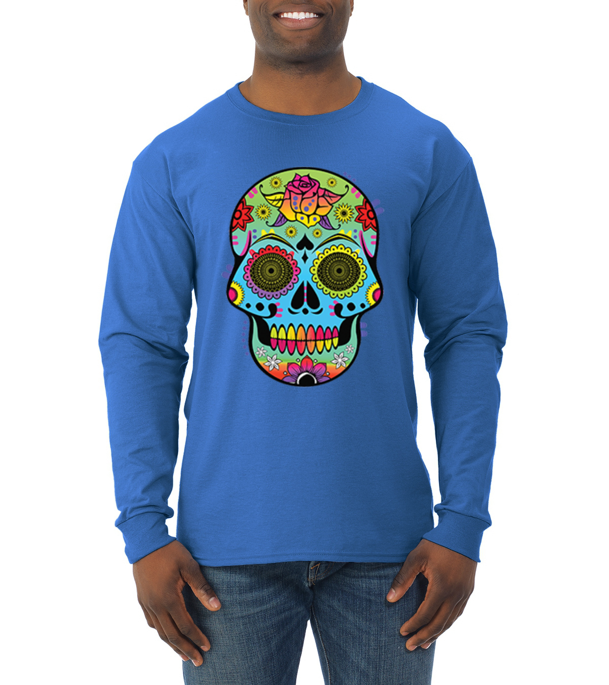 Wild Bobby, Colorful Floral Sugar Skull Streetwear Mens Long Sleeve Shirt, Royal, Small - image 1 of 3