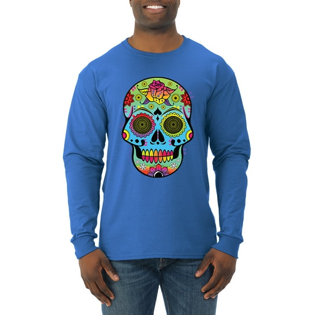 Wild Bobby, Colorful Floral Sugar Skull Streetwear Mens Long Sleeve Shirt, Royal, Small